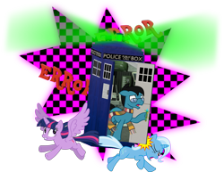 Size: 4636x3572 | Tagged: safe, artist:sketchmcreations, imported from derpibooru, trixie, twilight sparkle, oc, oc:sketch mythos, alicorn, earth pony, pony, unicorn, accident, clothes, crash, doctor who, error, female, fourth doctor's scarf, fourth wall, horn, impact, male, mare, missing texture, remake, scarf, simple background, sonic screwdriver, stallion, striped scarf, tardis, transparent background, twilight sparkle (alicorn), vector, void