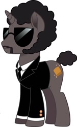 Size: 617x1024 | Tagged: safe, imported from derpibooru, jules winnfield, whinnyfield, unicorn, my little pony: the movie, bodyguard, clothes, headset, horn, pulp fiction, suit, sunglasses