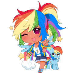 Size: 5000x5000 | Tagged: safe, artist:kittyrosie, imported from derpibooru, kotobukiya, rainbow dash, human, pegasus, pony, chibi, clothes, cute, dark genitals, dashabetes, female, hoodie, humanized, kotobukiya rainbow dash, mare, nudity, one eye closed, open mouth, self paradox, self ponidox, shirt, shoes, shorts, simple background, sneakers, solo, t-shirt, transparent background, winged humanization, wings, wink