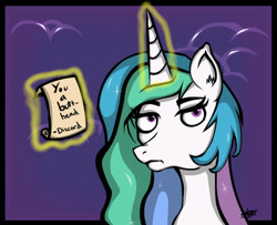 Size: 600x487 | Tagged: safe, artist:norsecyborg, imported from derpibooru, princess celestia, alicorn, pony, celestia is not amused, female, magic, mare, note, solo, unamused