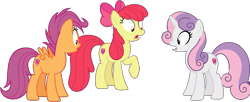 Size: 1887x771 | Tagged: safe, edit, edited screencap, editor:pascalmulokozi2, imported from derpibooru, screencap, apple bloom, scootaloo, sweetie belle, earth pony, pegasus, pony, unicorn, growing up is hard to do, background removed, cutie mark crusaders, female, horn, mare, not a vector, older, older apple bloom, older cmc, older scootaloo, older sweetie belle, shocked, trio, trio female