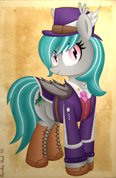 Size: 2560x3911 | Tagged: safe, artist:rainbowšpekgs, imported from derpibooru, oc, oc only, oc:malachite cluster, bat pony, pony, bat pony oc, bat wings, boots, clothes, hat, male, necktie, shoes, smiling, solo, stallion, suit, top hat, wings