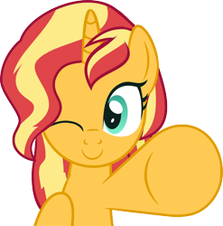 Size: 662x671 | Tagged: safe, artist:wiiyeswiiuno, imported from derpibooru, sunset shimmer, pony, unicorn, female, fourth wall, horn, looking at you, one eye closed, show accurate, simple background, smiling, transparent background, wink