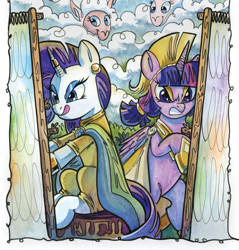 Size: 1988x2083 | Tagged: safe, artist:natalie haines, idw, imported from derpibooru, rarity, twilight sparkle, alicorn, pony, sheep, unicorn, spoiler:comic, angry, arachne, athena, bipedal, bow, clothes, competition, cropped, duo, duo female, ear piercing, earring, female, folded wings, goddess, greek, greek clothes, greek mythology, hair bow, helmet, hoof shoes, horn, horn ring, jewelry, mare, my little pony classics reimagined: the odyssey, piercing, ring, sitting, smug, smugity, tongue out, twilight sparkle (alicorn), wings