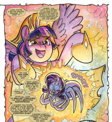 Size: 1988x2152 | Tagged: safe, artist:natalie haines, idw, imported from derpibooru, rarity, twilight sparkle, alicorn, pony, spider, spoiler:comic, arachne, athena, breaking the fourth wall, clothes, cropped, evil grin, female, goddess, greek, greek clothes, greek mythology, grin, helmet, hoof shoes, horn, mare, my little pony classics reimagined: the odyssey, onomatopoeia, punishment, rarirachnid, smiling, species swap, spread wings, transformation, twilight sparkle (alicorn), wings