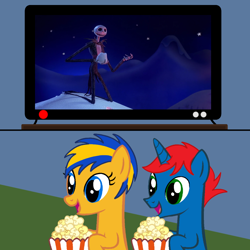 Size: 900x900 | Tagged: safe, artist:mlpfan3991, artist:ry-bluepony1, imported from derpibooru, oc, oc only, oc:flare spark, oc:train track, pegasus, unicorn, disney, food, horn, jack skellington, popcorn, television, the nightmare before christmas, watching a movie