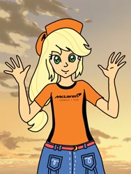 Size: 810x1080 | Tagged: safe, artist:captainelsa, imported from derpibooru, applejack, equestria girls, clothes, denim, female, formula 1, hat, jeans, mclaren, pants, shirt, solo