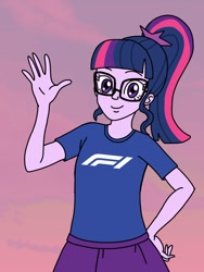 Size: 810x1080 | Tagged: safe, artist:captainelsa, imported from derpibooru, sci-twi, twilight sparkle, human, equestria girls, clothes, formula 1, glasses, ponytail, shirt, solo, t-shirt