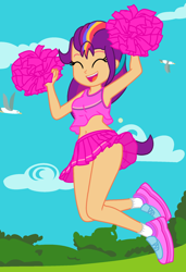 Size: 1412x2064 | Tagged: safe, artist:shieldwingarmorofgod, imported from derpibooru, sunny starscout, bird, human, equestria girls, cheerleader, equestria girls-ified, eyes closed, female, g5, g5 to equestria girls, g5 to g4, generation leap, jumping, mane stripe sunny, pom pom, solo