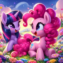 Size: 1024x1024 | Tagged: safe, imported from derpibooru, pinkie pie, twilight sparkle, alicorn, earth pony, pony, ai content, ai generated, female, flower, lesbian, nature, outdoors, prompter:bluey2309, shipping, twilight sparkle (alicorn), twinkie