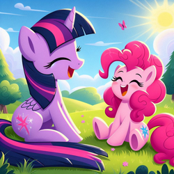 Size: 1024x1024 | Tagged: safe, imported from derpibooru, pinkie pie, twilight sparkle, alicorn, butterfly, earth pony, pony, ai content, ai generated, eyes closed, female, happy, laughing, nature, outdoors, prompter:bluey2309, sitting, sun, twilight sparkle (alicorn)