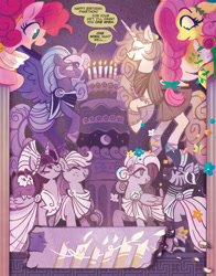 Size: 1988x2541 | Tagged: safe, artist:justasuta, idw, imported from derpibooru, applejack, fluttershy, owlowiscious, pinkie pie, princess celestia, princess luna, twilight sparkle, zecora, alicorn, bird, earth pony, owl, pegasus, pony, zebra, spoiler:comic, aphrodite, athena, birthday cake, birthday candles, cake, candle, circe, clothes, cropped, eyes closed, female, floppy ears, flower, flower in hair, flying, folded wings, food, freckles, goddess, greek, greek clothes, greek mythology, helios, helmet, horn, lidded eyes, mare, my little pony classics reimagined: the odyssey, persephone, phaëthon, royal sisters, self paradox, self ponidox, siblings, sisters, smiling, spread wings, table, twilight sparkle (alicorn), wings