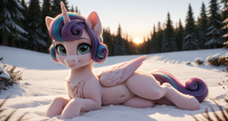 Size: 3360x1792 | Tagged: safe, imported from derpibooru, princess flurry heart, ai content, ai generated, anonymous prompter, belly, belly button, chest fluff, cute, ear fluff, fluffy, looking at you, lying down, outdoors, photorealistic, prone, realistic, smiling, snow, solo, sunset, the quality of ai art is frightening, tree