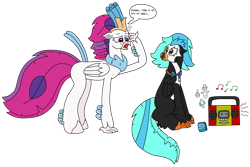 Size: 3057x2041 | Tagged: safe, artist:supahdonarudo, imported from derpibooru, queen novo, oc, oc:icebeak, classical hippogriff, hippogriff, my little pony: the movie, boombox, christmas, christmas ornament, christmas tree, decoration, dialogue, headache, holiday, jewelry, looking at each other, looking at someone, music notes, necklace, relatable, simple background, sitting, snow, snowman, speech bubble, text, transparent background, tree