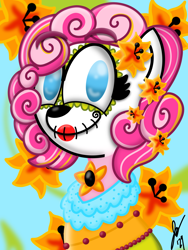 Size: 1620x2160 | Tagged: safe, artist:jesslmc16, imported from derpibooru, pinkie pie, earth pony, pony, alternate hairstyle, bust, dia de los muertos, female, flower, flower in hair, gameloft, looking at you, mare, portrait, signature, simple background, smiling, smiling at you, solo, solo female