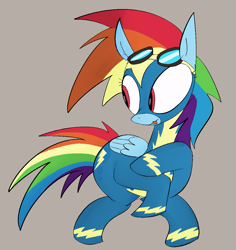 Size: 1167x1235 | Tagged: safe, artist:notsafeforsanity, imported from derpibooru, rainbow dash, pegasus, beige background, butt, clothes, goggles, looking back, simple background, solo, tongue out, uniform, wonderbolts uniform