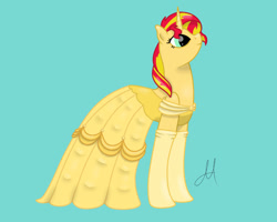 Size: 1280x1024 | Tagged: safe, artist:yinmai, imported from derpibooru, sunset shimmer, pony, unicorn, beauty and the beast, belle, clothes, cute, dress, evening gloves, female, gloves, gown, horn, long gloves, mare, smiling, solo