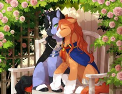 Size: 1250x958 | Tagged: safe, artist:mr-tiaa, imported from derpibooru, oc, oc only, earth pony, pony, unicorn, bench, cape, clothes, duo, eyes closed, floppy ears, gay, grin, holding hooves, horn, male, sitting, smiling, wedding arch