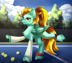 Size: 1634x1422 | Tagged: safe, artist:polinatess, imported from derpibooru, lightning dust, pegasus, pony, ball, clothes, female, leg warmers, mare, smiling, smirk, solo, sports, standing on two hooves, tennis, tennis ball