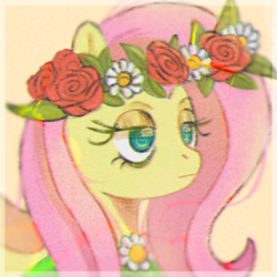 Size: 500x500 | Tagged: safe, artist:catptapathy, imported from derpibooru, fluttershy, pony, bored, bust, clothes, dress, female, floral head wreath, flower, icon, mare, portrait, solo