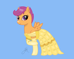 Size: 1280x1024 | Tagged: safe, artist:yinmai, imported from derpibooru, scootaloo, pegasus, pony, beauty and the beast, belle, clothes, cute, cutealoo, dress, evening gloves, female, filly, foal, gloves, gown, long gloves, scootaloo also dresses in style, smiling, solo, spread wings, wings