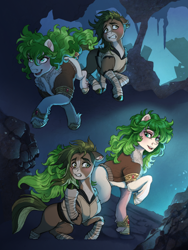 Size: 1100x1462 | Tagged: safe, artist:reikafox, imported from derpibooru, oc, oc only, earth pony, pony, adventurer, cave, clothes, duo, green mane, scared