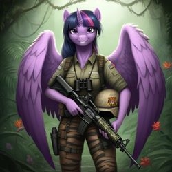 Size: 1024x1024 | Tagged: safe, imported from derpibooru, twilight sparkle, alicorn, anthro, series:g.i. pony: a real equestrian hero, ai content, ai generated, assault rifle, binoculars, clothes, cosplay, costume, duke, fatigues, female, forest, g.i. joe, generator:google imagen 3.0, gun, helmet, jungle, military uniform, nature, prompter:zerowinger, rifle, solo, tiger force, tree, twilight sparkle (alicorn), uniform, weapon, wings