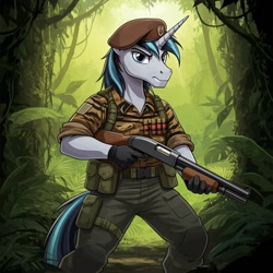 Size: 1024x1024 | Tagged: safe, imported from derpibooru, shining armor, anthro, unicorn, series:g.i. pony: a real equestrian hero, ai content, ai generated, beret, clothes, cosplay, costume, fatigues, flint, forest, g.i. joe, generator:google imagen 3.0, gloves, gun, hat, horn, jungle, male, military uniform, nature, prompter:zerowinger, shotgun, solo, tiger force, tree, uniform, weapon