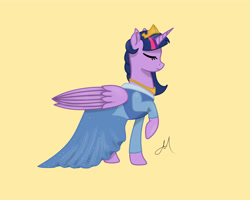 Size: 5000x4000 | Tagged: safe, artist:yinmai, imported from derpibooru, twilight sparkle, alicorn, pony, clothes, dress, eyes closed, profile, raised hoof, simple background, solo, twilight sparkle (alicorn), yellow background