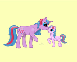 Size: 5000x4000 | Tagged: safe, artist:yinmai, imported from derpibooru, baby buttons, buttons (g1), pony, unicorn, duo, female, filly, foal, g1, g1 to g4, generation leap, horn, mare, nuzzling, one eye closed, open mouth, open smile, raised hoof, raised leg, simple background, smiling, tail, yellow background