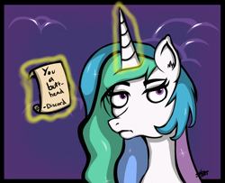 Size: 1600x1300 | Tagged: safe, artist:norsecyborg, artist:odibon, imported from derpibooru, princess celestia, alicorn, pony, annoyed, celestia is not amused, female, grammar error, letter, magic, mare, note, solo, unamused