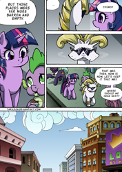 Size: 1204x1700 | Tagged: safe, artist:tarkron, imported from derpibooru, spike, twilight sparkle, oc, oc:cosmo cool, alicorn, dragon, pony, comic:the royal sandal, speech bubble, sunglasses, twilight sparkle (alicorn)