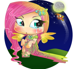 Size: 800x735 | Tagged: safe, artist:jujubacandy, imported from derpibooru, fluttershy, anthro, bird, pegasus, 2011, arm hooves, chibi, crying, female, moon, night, no nose, old art, solo focus, watermark