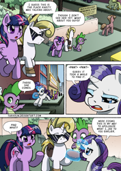 Size: 1204x1700 | Tagged: safe, artist:tarkron, imported from derpibooru, rarity, spike, twilight sparkle, oc, oc:cosmo cool, alicorn, dragon, pony, unicorn, comic:the royal sandal, horn, speech bubble, sunglasses, twilight sparkle (alicorn)