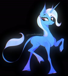 Size: 2468x2754 | Tagged: safe, artist:coolzaart, imported from derpibooru, trixie, classical unicorn, pony, unicorn, black background, cloven hooves, female, horn, leonine tail, mare, profile, raised hoof, signature, simple background, solo, unshorn fetlocks