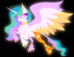 Size: 1987x1541 | Tagged: safe, artist:coolzaart, imported from derpibooru, princess celestia, alicorn, pony, black background, cloven hooves, colored wings, colored wingtips, female, leonine tail, mare, redesign, signature, simple background, solo, tail, unshorn fetlocks, wings