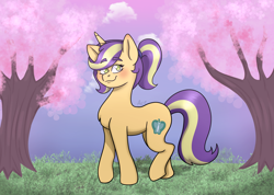 Size: 1500x1068 | Tagged: safe, artist:dj axel, imported from derpibooru, oc, oc only, oc:fuji apple, pony, unicorn, cherry blossoms, commission, commissioner:prixy05, female, flower, flower blossom, horn, magical lesbian spawn, mare, offspring, parent:applejack, parent:starlight glimmer, parents:glimmerjack, solo, ych result