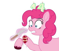 Size: 5200x4540 | Tagged: safe, alternate version, artist:moonlight bloom, imported from derpibooru, pinkie pie, earth pony, food pony, original species, pony, absurd resolution, cake, candle, everything is cake, eyebrows, female, fire, food, frosting, gritted teeth, hooves, implied trixie, knife, levitation, looking at something, magic, magic aura, mare, mlp fim's fourteenth anniversary, offscreen character, ponified, red velvet cake, severed hoof, shocked, simple background, solo, teeth, telekinesis, textless, textless version, transparent background, unshorn fetlocks, vector, wide eyes