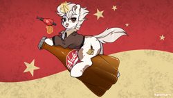 Size: 4800x2700 | Tagged: safe, artist:itsspoops, imported from derpibooru, oc, oc only, oc:ripley, pony, unicorn, eyeshadow, female, horn, lipstick, looking at you, magic, makeup, mare, nuka cola, pinup, raygun, soda, solo, wallpaper