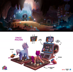 Size: 2000x1964 | Tagged: safe, artist:pablo r. mayer, boulder media, imported from derpibooru, sunny starscout, armadillo, earth pony, pony, unicorn, spoiler:g5, alphabittle blossomforth, boulder media logo, butt, cave, concept art, dance dance revolution, female, g5, hasbro, hasbro logo, horn, just prance, logo, male, mare, my little pony logo, my little pony: a new generation, my little pony: a new generation logo, my little pony: make your mark, netflix, netflix logo, official, plot, stallion