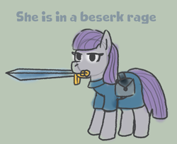 Size: 1371x1117 | Tagged: safe, artist:zoeyhorse, imported from derpibooru, maud pie, earth pony, pony, female, green background, lidded eyes, mare, open mouth, simple background, solo, sword, text, weapon