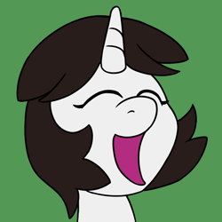 Size: 900x900 | Tagged: safe, artist:unitxxvii, imported from derpibooru, oc, oc:talim, pony, unicorn, bust, eyes closed, female, green background, horn, mare, open mouth, open smile, simple background, smiling, solo