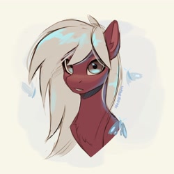 Size: 3500x3500 | Tagged: safe, artist:nettlemoth, imported from derpibooru, oc, oc only, butterfly, earth pony, pony, beige background, bust, chest fluff, female, looking at you, mare, signature, simple background, solo