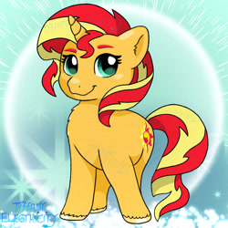 Size: 1280x1280 | Tagged: safe, artist:tiffanyelectricity, imported from derpibooru, sunset shimmer, pony, unicorn, female, horn, mare, pony sunset, signature, smiling, tail, unshorn fetlocks