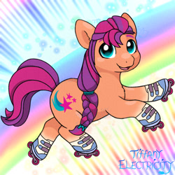 Size: 1280x1280 | Tagged: safe, artist:tiffanyelectricity, imported from derpibooru, sunny starscout, earth pony, pony, 3 year anniversary, female, g5, gonna be my day, mare, my little pony: a new generation, open mouth, open smile, roller skates, signature, skates, smiling, solo, tail