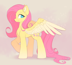 Size: 1850x1665 | Tagged: safe, artist:lerk, imported from derpibooru, fluttershy, pegasus, pony, ear fluff, full body, smiling, spread wings, standing, wings