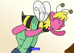 Size: 1920x1382 | Tagged: safe, artist:kid wizard, editor:firlin123, imported from derpibooru, cherry berry, oc, oc:anon, animal costume, bee costume, cherry bee, cherrybetes, clothes, costume, cute, eyes closed, happy, upsies, weeeeeeee