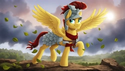 Size: 2560x1456 | Tagged: safe, imported from derpibooru, flash magnus, pegasus, pony, ai content, ai generated, armor, armor skirt, clothes, cloud, helmet, leaves, male, royal legion, skirt, solo, spread wings, stallion, standing on two hooves, sun, wings