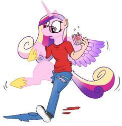 Size: 1450x1496 | Tagged: safe, artist:vanillayote, imported from derpibooru, princess cadance, alicorn, human, pony, candy, clothes, confused, eating, falling, food, glasses, human to pony, simple background, solo, transformation, white background