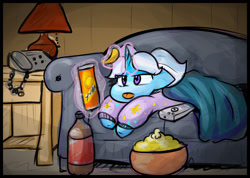 Size: 1657x1179 | Tagged: safe, artist:zutcha, imported from derpibooru, trixie, pony, unicorn, blanket, bottle, chips, clothes, couch, female, food, horn, indoors, lamp, lying down, magic, mare, phone, popcorn, prone, remote, soda bottle, telekinesis, tongue out